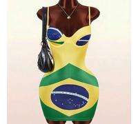 Shein Vestido mini de corte bajo con estampado grande de patrón de Brasil de la Copa del Mundo