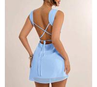 Shein Vestido mini de cuello cuadrado de un solo color rosa claro, con espalda descubierta y tirantes cruzados, adecuado para el día a día, citas, salir de
