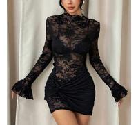 Shein Vestido mini de encaje transparente color burdeos,Vestidos elegantes de fiesta para mujeres,Vestido de manga larga con estampado floral negro para oto