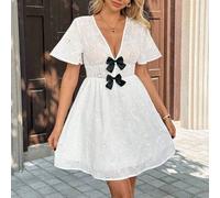Shein Vestido mini de fiesta con cuello en V profundo, bordado y decoración de lazo para mujer