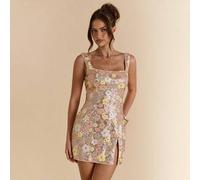 Shein Vestido mini de fiesta de cumpleaños con lentejuelas y flores de poder de verano en rosa empolvado, con abertura lateral, flores 3D decoradas, estilo
