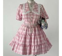 Shein Vestido mini de línea A con cuello Peter Pan y mangas abullonadas a cuadros blanco y negro, para verano