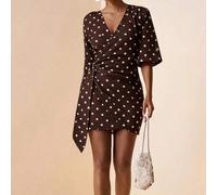 Shein Vestido mini de lino con cuello en V y lunares marrones y blancos para mujer, estilo vintage retro de los años 70 y 60, con lazo lateral, elegante, pa