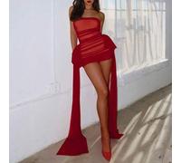 Shein Vestido mini de malla transparente sin espalda con cinturón de cintura fluido y cola - Fiesta de cócteles navideña, invitado de boda, vestido de gala