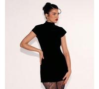 Shein Vestido mini de manga corta con cuello alto y espalda abierta, elegante y primaveral de estilo "Old Money", lindo para una noche de fiesta en Ibiza, s