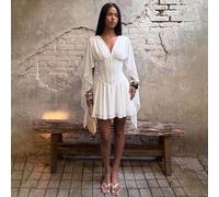 Shein Vestido mini de manga de casquete que ciñe la cintura, de color marfil sólido, romántico para citas, vacaciones en la playa, vestidos de invitada de b