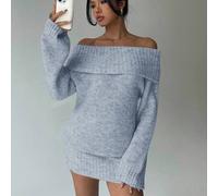 Shein Vestido mini de manga larga con cuello alto y hombros descubiertos en gris, parte superior holgada yBottomr ajustada, adecuado para señoritas, otoño/i