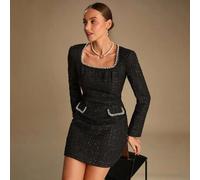 Shein Vestido mini de manga larga con cuello cuadrado, hecho de hilo de fantasía de tweed negro, con adornos de perlas y cristales brillantes, que es elegan