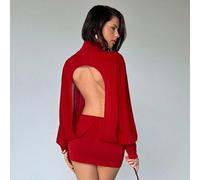 Shein Vestido mini de manga larga sexy y escotado en la espalda con cuello alto y tela con brillo