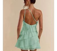 Shein Vestido mini de mujer color verde menta para fiesta de verano Mama Mia, diseño sólido con capas de hojas de loto y pastel, vacaciones de playa de vera