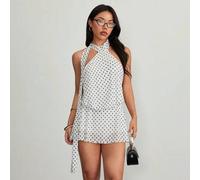 Shein Vestido mini de mujer con lunares blancos, negro y blanco de malla para vacaciones, adecuado para verano, ropa bohemia para mujeres, mujeres de talla