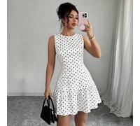 Shein Vestido mini de mujer de estilo bohemio de última temporada de graduación, elegante francés, tejido con estampado de lunares, cuello redondo, sin mang