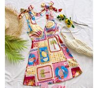 Shein Vestido mini de mujer de estilo casual y sexy Y2K para resort, con estampado de collage divertido y escote en V con lazo, perfecto para vacaciones de