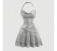 Shein Vestido mini de mujer de unicolor con cuello drapeado, para banquetes y fiestas