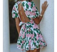 Shein Vestido mini de mujer Elva con estampado floral, volantes campesinos, espalda descubierta y mangas abullonadas, adecuado para vacaciones, regreso a cl