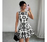 Shein Vestido mini de mujer estilo bohemio francés elegante con estampado floral tejido, cuello redondo, sin mangas y cintura ceñida, última temporada de gr