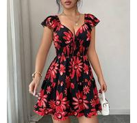 Shein Vestido mini de mujer negro y rojo de verano estilo boho para vacaciones y días festivos, elegante, sin espalda, con volantes, mangas acampanadas, esp
