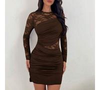 Shein Vestido mini de mujer para otoño/invierno, vestido de manga larga, vestido elegante y romántico de encaje vintage en color vino tinto con parches, sex