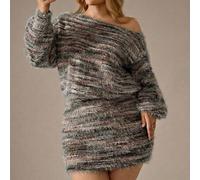 Shein Vestido mini de punto de rayas Y2K retro de cintura alta con hombros descubiertos de manga larga para mujer de talla grande, vestido de suéter de punt