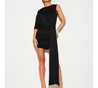 Shein Vestido mini drapeado Slinky con manga capa asimétrica y detalle de cinta larga arrastrada para ocasiones de fiesta