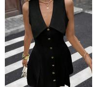 Shein Vestido mini elegante de mujer al estilo de dama joven con cuello, cintura ceñida, botones delanteros y línea A sin mangas en color liso, adecuado par