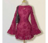 Shein Vestido mini elegante de mujer con espalda descubierta, parches de encaje, mangas acampanadas y volantes en el bajo, color crema sólido