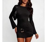 Shein Vestido mini elegante negro con fruncido, patchwork y decoración metálica, estilo sexy chic para noche de otoño, oficina siren, diosa Y2K, hot girl, o