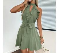 Shein Vestido mini para mujer con cuello halter, ribete de volantes, lazo anudado en la cintura, bajo con volantes, falda línea A tipo paraguas, sin mangas,