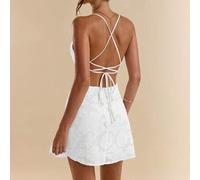 Shein Vestido mini súper ajustado de línea A de jacquard con escote cuadrado, espalda cruzada y tirantes para mujeres, en color rosa empolvado sólido, para