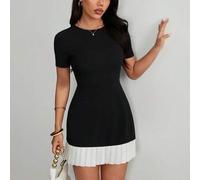 Shein Vestido mini versátil para mujer con cuello redondo, bajo con volantes y mezcla de materiales - Vestido de cóctel para mujer - Vestidos cortos para mu