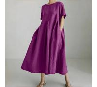 Shein Vestido morado de talla grande para mujer, primavera, verano, otoño, elegante y simple, cómodo de lino, manga corta, bolsillo, cuello redondo, plisado