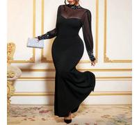 Shein Vestido negro ajustado de manga semitransparente con cuello alto, decorado con rayas, cuentas y efecto de burbuja, elegante y de punto para mujer de t