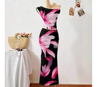 Shein Vestido negro con estampado de flor de loto rosa teñido anudado para adolescentes, con diseño de un solo hombro que acentúa el cuello y los hombros, c