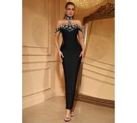 Shein Vestido negro de dama con joyería de diamantes integrada en el cuello, hecho a medida a mano para un vestido de noche formal glamoroso y sexy para una