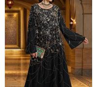 Shein Vestido negro de estilo árabe con cuello redondo, bordado y cuentas, elegante para mujer, para vacaciones de primavera