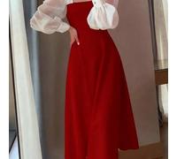 Shein Vestido negro de mujer de manga larga con hombros descubiertos y línea A, mangas abullonadas, escote cuadrado, estilo vintage francés semitransparente