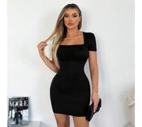 Shein Vestido negro de punto mini de manga corta con cuello de cisne para mujeres