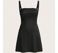 Shein Vestido Negro De Satén Sólido Con Cremallera Trasera, Splicing En El Pecho Con Tirantes Espagueti Y Resbalón De Mujer