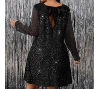 Shein Vestido negro de talla grande para mujer con cuello redondo, línea A, espalda abierta y lazo, hecho de tela de calidad superior con brillos de lenteju
