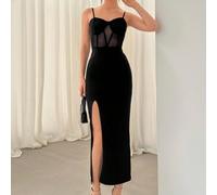 Shein Vestido negro elegante y estilizado para mujer con tirantes de espagueti, semi-transparente, con superposición de malla de contraste para fiesta, cita