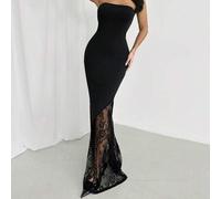 Shein Vestido negro elegante y romántico de encaje sin tirantes con corte asimétrico para el Día de San Valentín, boda, fiesta, concierto, atuendo para rave