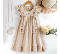 Shein Vestido Para Niña De Entre 10 Y 12 Años Con Bordado Floral, Borde De Volantes Y Parche De Bolsillo