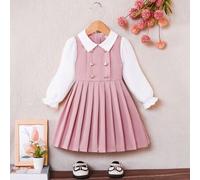 Shein Vestido para niñas bebé con bajo plisado, cuello y botones dorados, vestido casual lindo y elegante para uso diario, escuela, transporte en otoño
