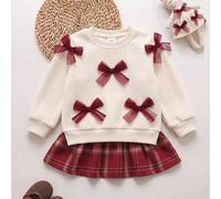 Shein Vestido para niñas bebé otoño/invierno con forro polar, cuello redondo, manga larga, 2 en 1 sudadera con empalme de cuadros escoceses rojos y lazo de