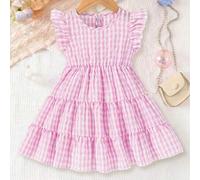 Shein Vestido para niñas jóvenes con diseño clásico de cuello redondo, mangas con volantes que añaden dulzura, ambiente de verano, estilo fresco y dulce en
