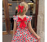 Shein Vestido para niñas preadolescentes con base blanca y estampado floral de rosas rojas, combinado con hojas verdes, fresco y vibrante con un toque prima