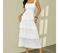 Shein Vestido plisado de color liso con tirantes anchos, casual y simple, para vacaciones en la playa, tropical, verano, vestido blanco de sol, atuendo de I