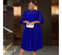Shein Vestido plisado de encaje con mangas globo cortas y diseño hueco, elegante vestido midi para invitadas de boda, graduación