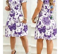Shein Vestido Premium Versátil Best-Seller Nueva Llegada Primavera/Verano con Estampado Fresco de Mariposas & Flores, Cuello Redondo Manga Corta Cintura Fru