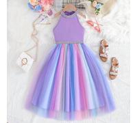 Shein Vestido Princesa De Verano Para Niñas De Entre 9 Y 14 Años, Cuello Halter De Malla Con Gradiente De Color